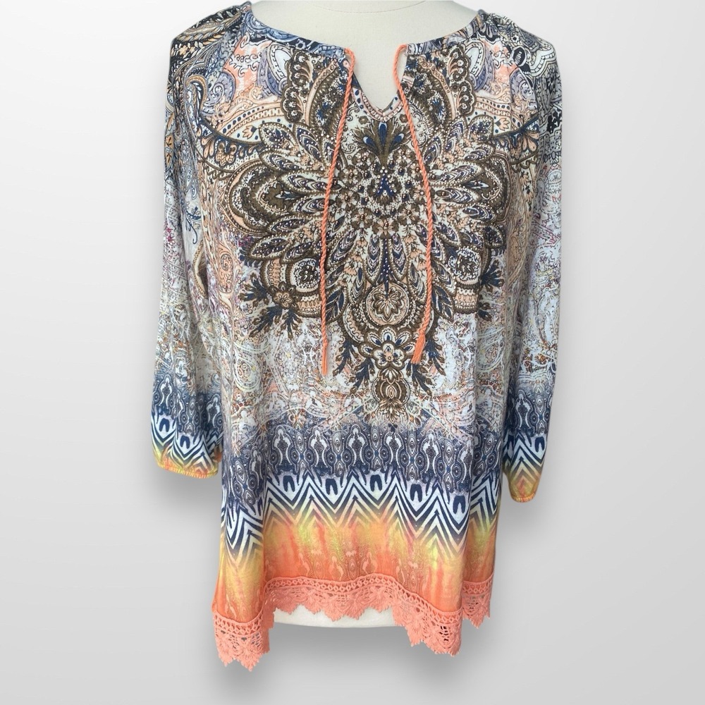 Christopher & Banks Women's Size XL Top Shirt Tunic Lightweight 3/4 Sleeve Lace